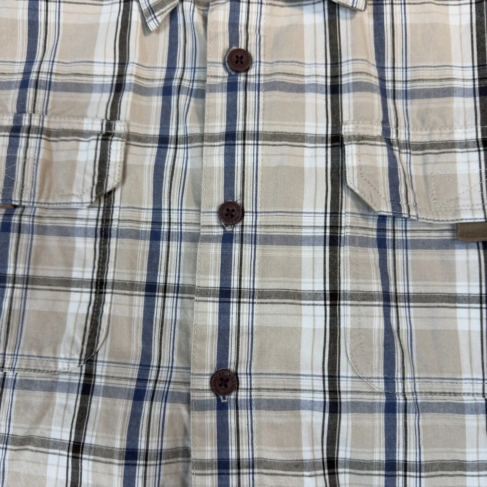 Wrangler Authentics Shirt Men's Large Tan Blue‎ Plaid Button Down Short Sleeve